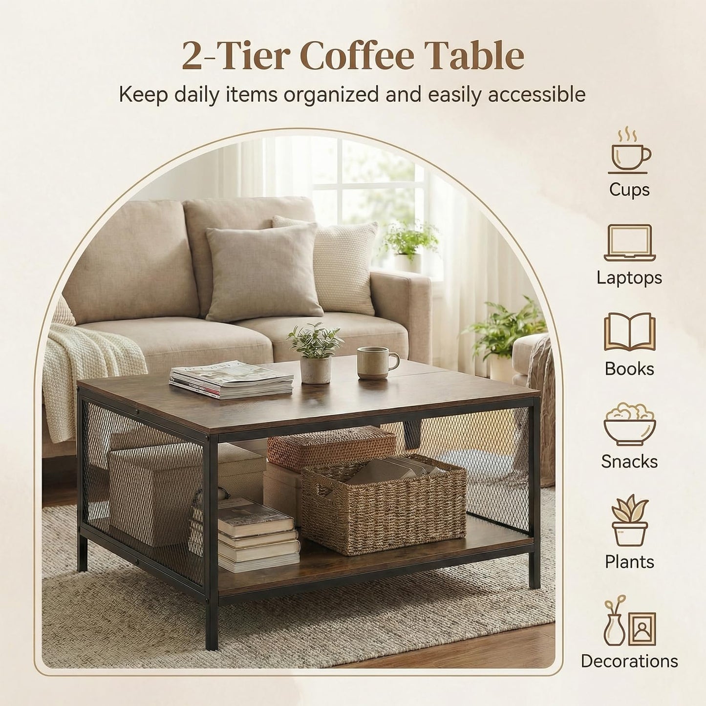 2-Tier Coffee Table, Industrial Square Cocktail Center Table with Open Storage Shelf