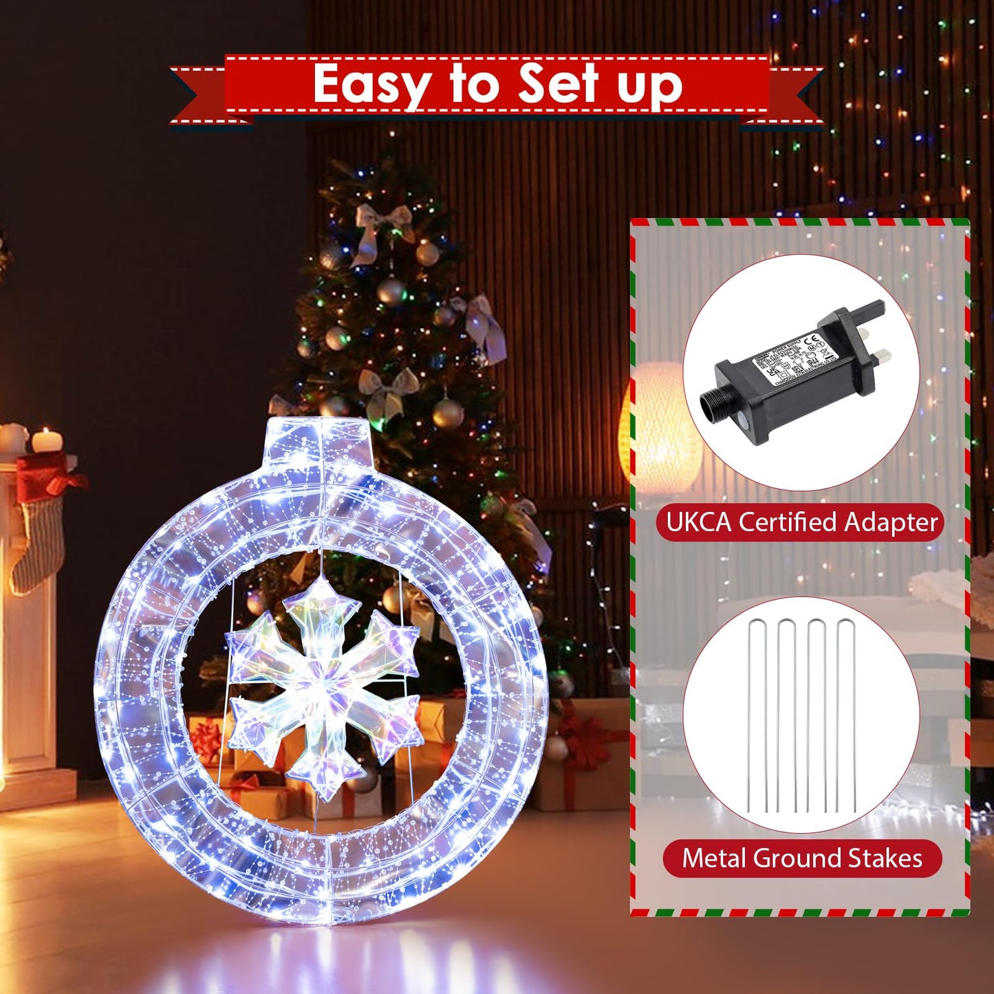 33 Inch Lighted Snowflake Wreath with Hanging Ring and Support Bracket