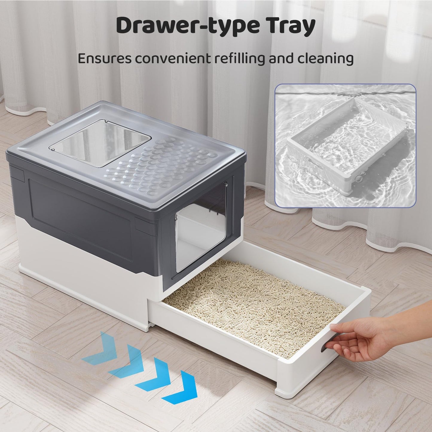 Cat Litter Box, Foldable Hooded Litter Tray with Lid, Flip Top Exit