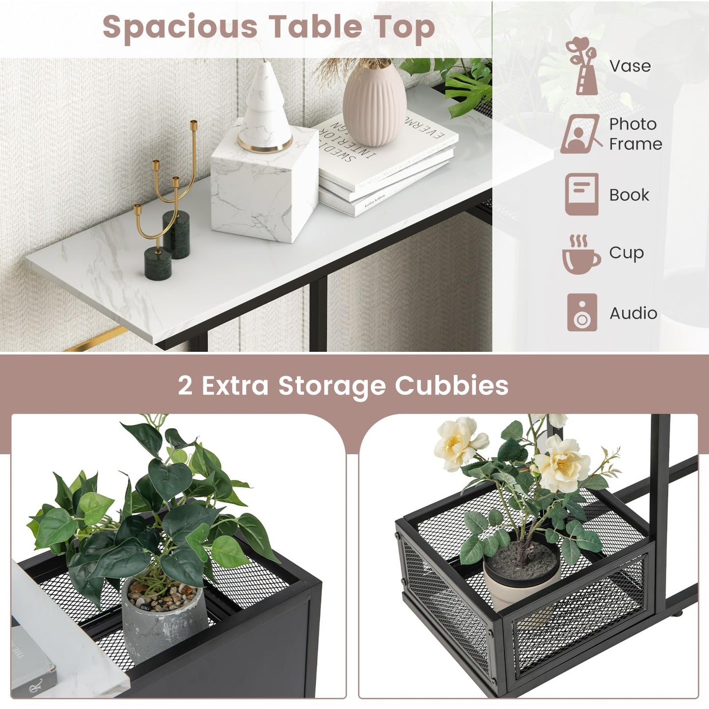 Modern Sofa Accent Console Table with 2 Storage Mesh Cubes