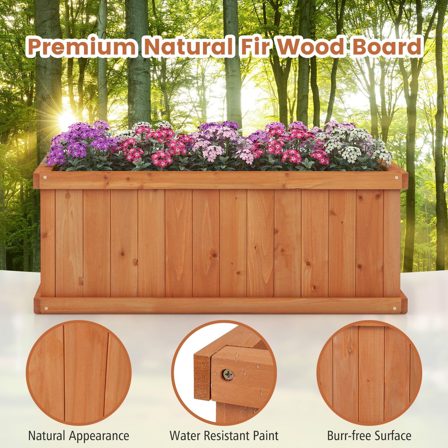 Wooden Garden Planter, Heavy Duty Rectangular Trough Box