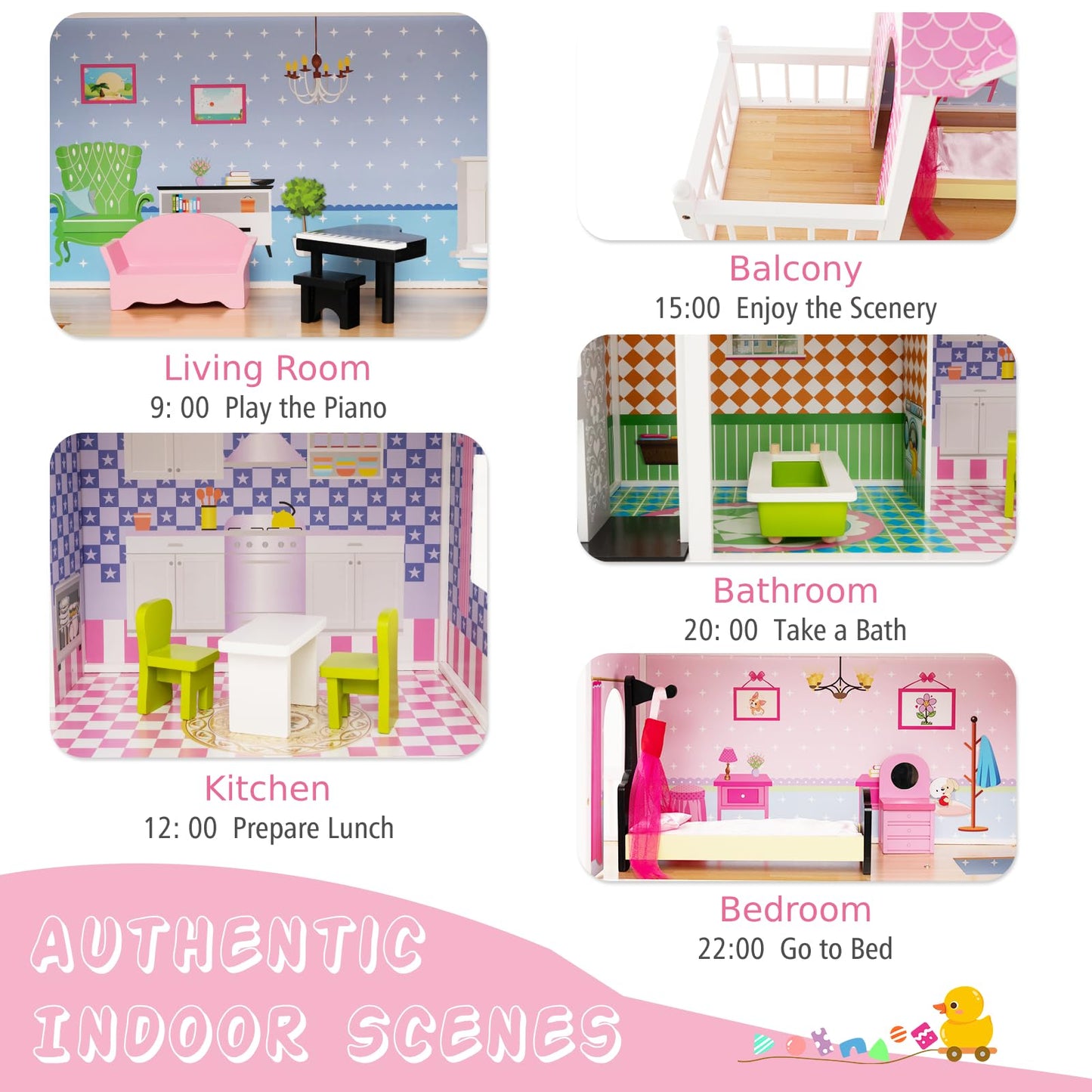 Wooden Dollhouse with Working Elevator and Rotatable Staircase