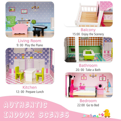 Wooden Dollhouse with Working Elevator and Rotatable Staircase