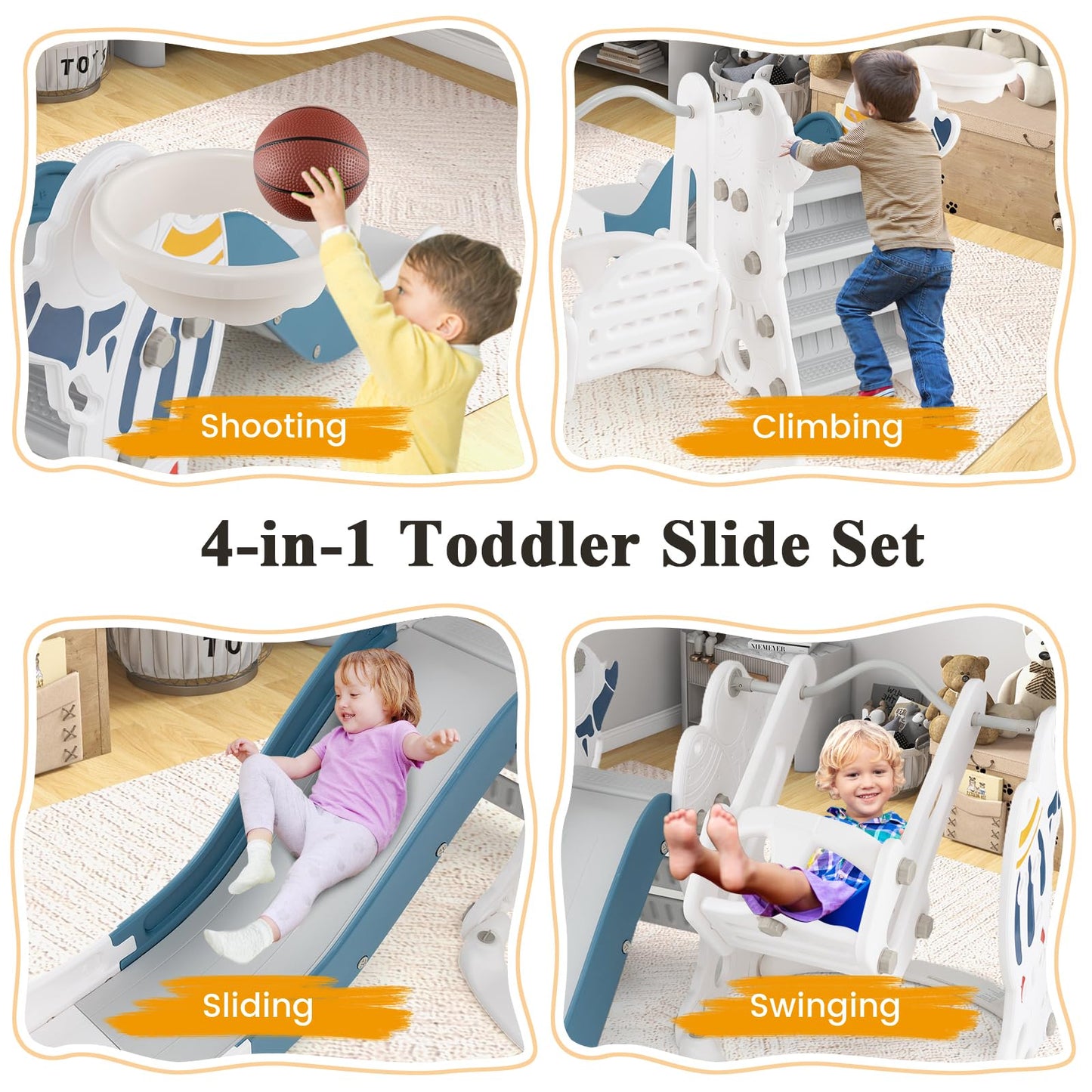 Toddler Slide and Swing Set with Extended Slide, Swing, Basketball Hoop and Climber
