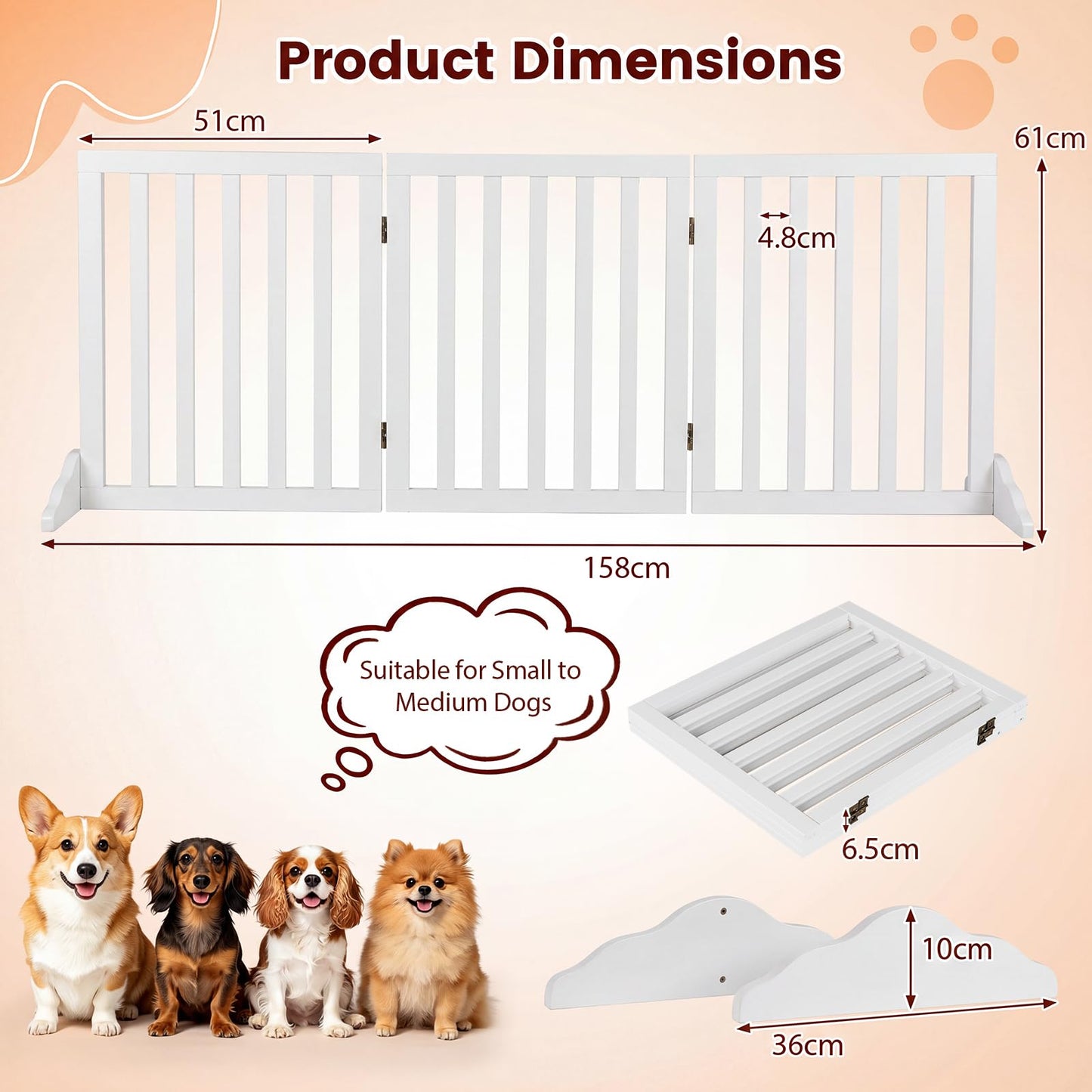 3-Panel Foldable Pet Fence with Support Feet and Flexible 2-Way Hinges