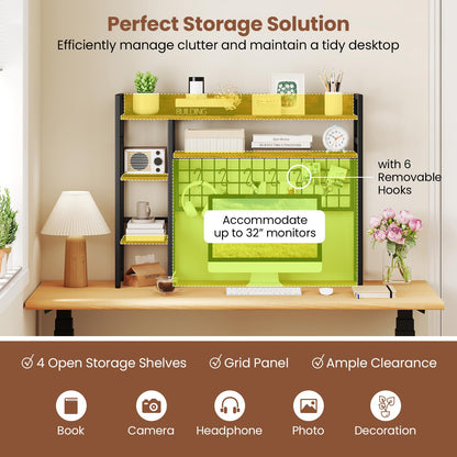 Desktop Bookshelf with 4 Open Storage Shelves for Computer Monitor Up to 32 Inch