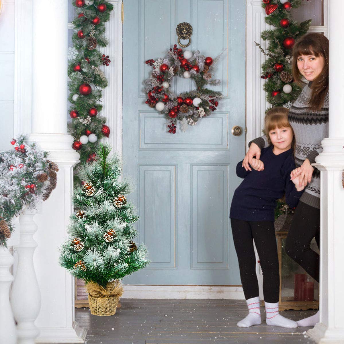 2 Feet Snow Flocked Pine Artificial Christmas Tree with Pine Cones