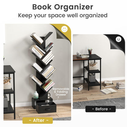 10-Tiers Floor Standing Wooden Bookcase Storage Shelving Unit