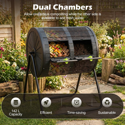 142 Large Outdoor Compost Tumbler with Dual Chambers