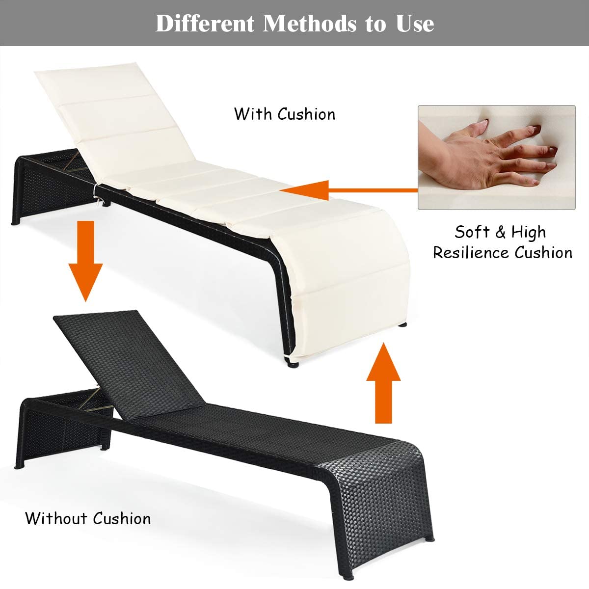 Rattan Sun Lounger with Cushion and Adjustable Feet
