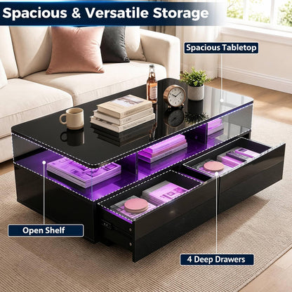 90 CM High LED Coffee Table with 2 Storage Drawers and 20-Color LED Lights