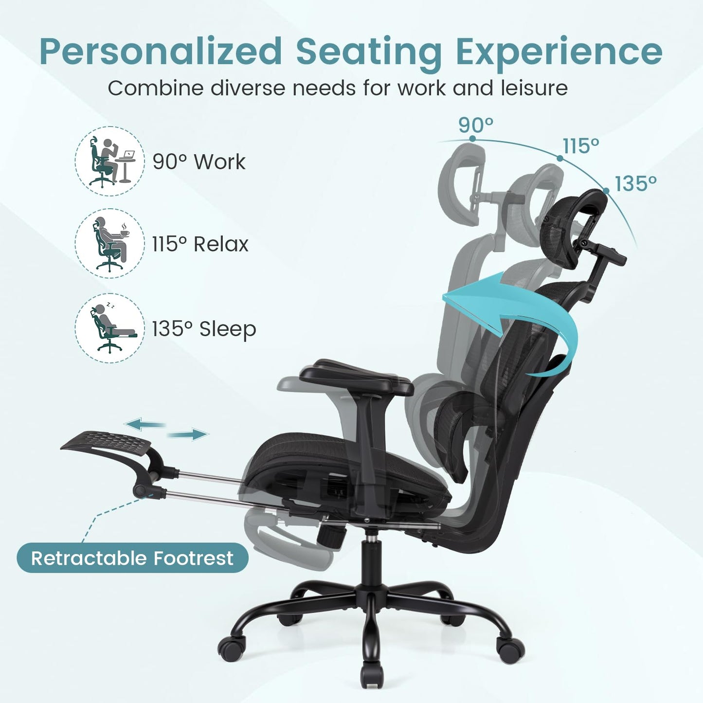 Mesh Office Chair with Footrest, Ergonomic High Back Swivel Computer Desk Chair