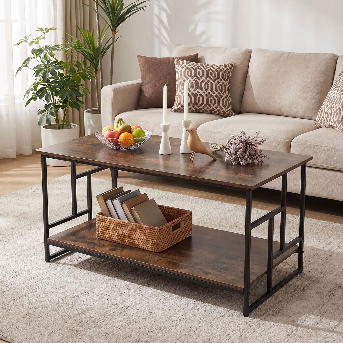 2-Tier Rectangle Coffee Table, Wooden Center Table