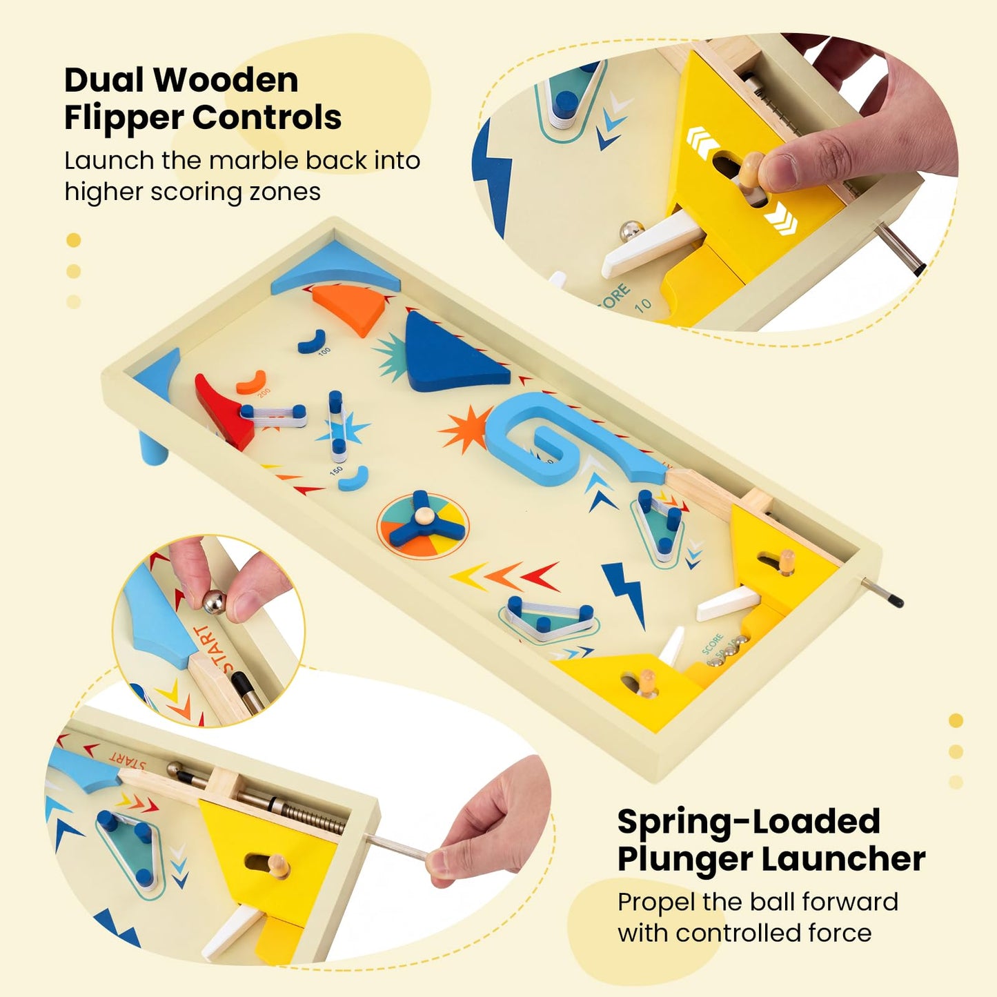 Wooden Pinball Machine Scoring Rotating Track Tabletop Game with 3 Balls