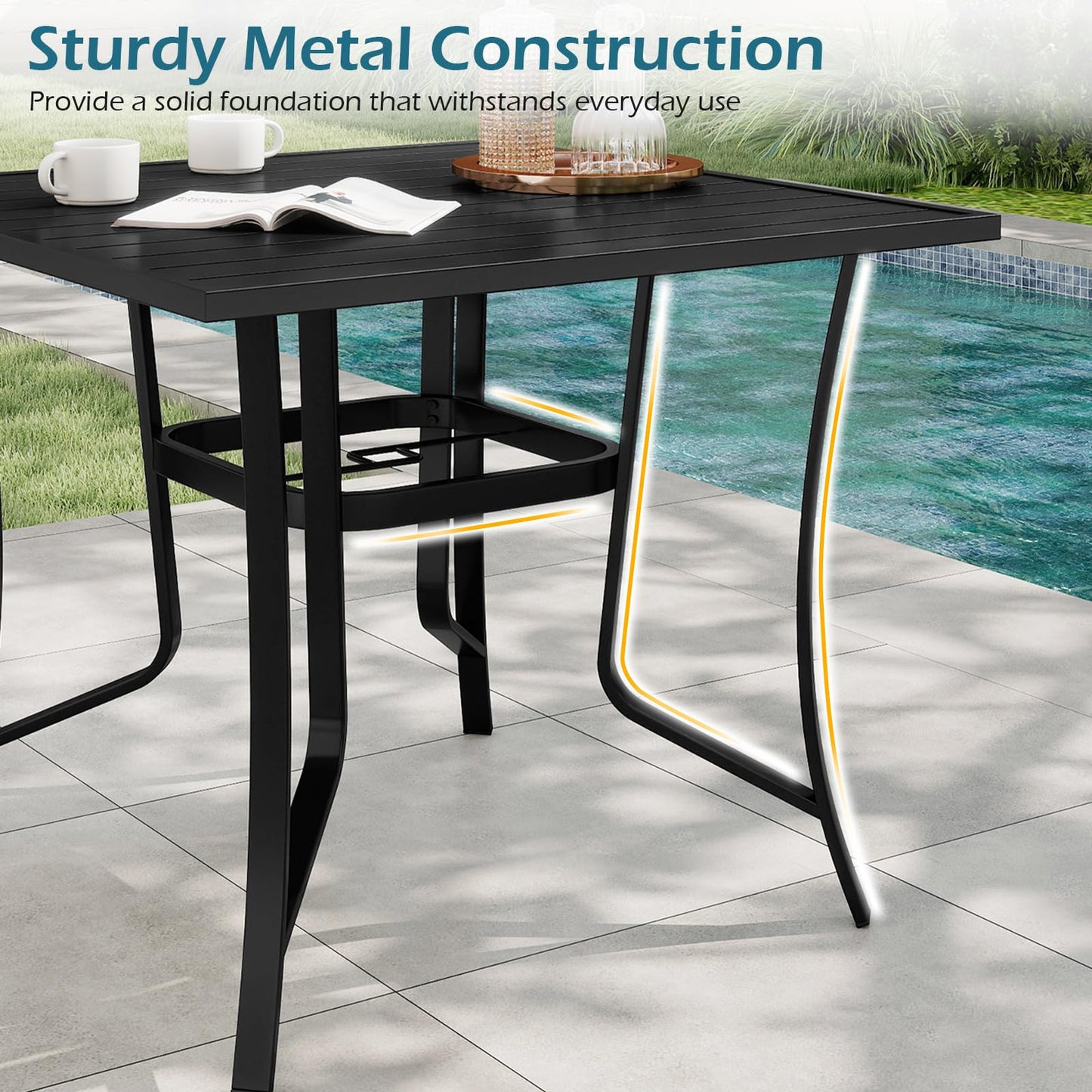 91CM Square Patio Table for 4 Outdoor Metal Dining Table with Umbrella Hole