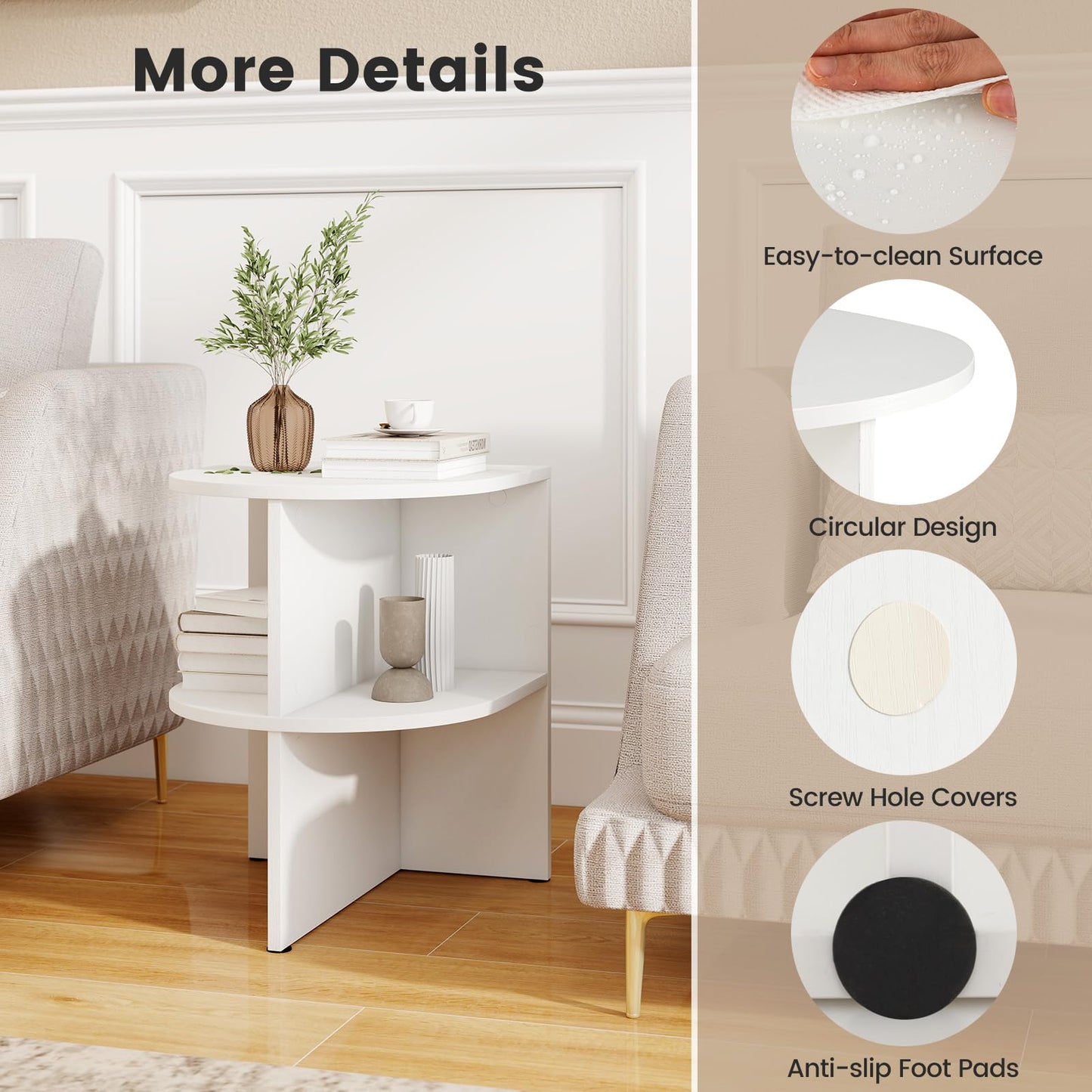 2-Tier Wooden Half Round Side Table with Open Storage Shelves