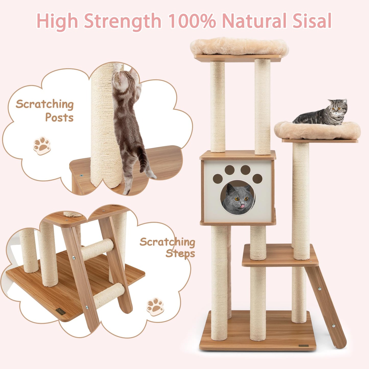 5-Tier Cat Tree Tower with Cando and 2 Padded Plush Perches