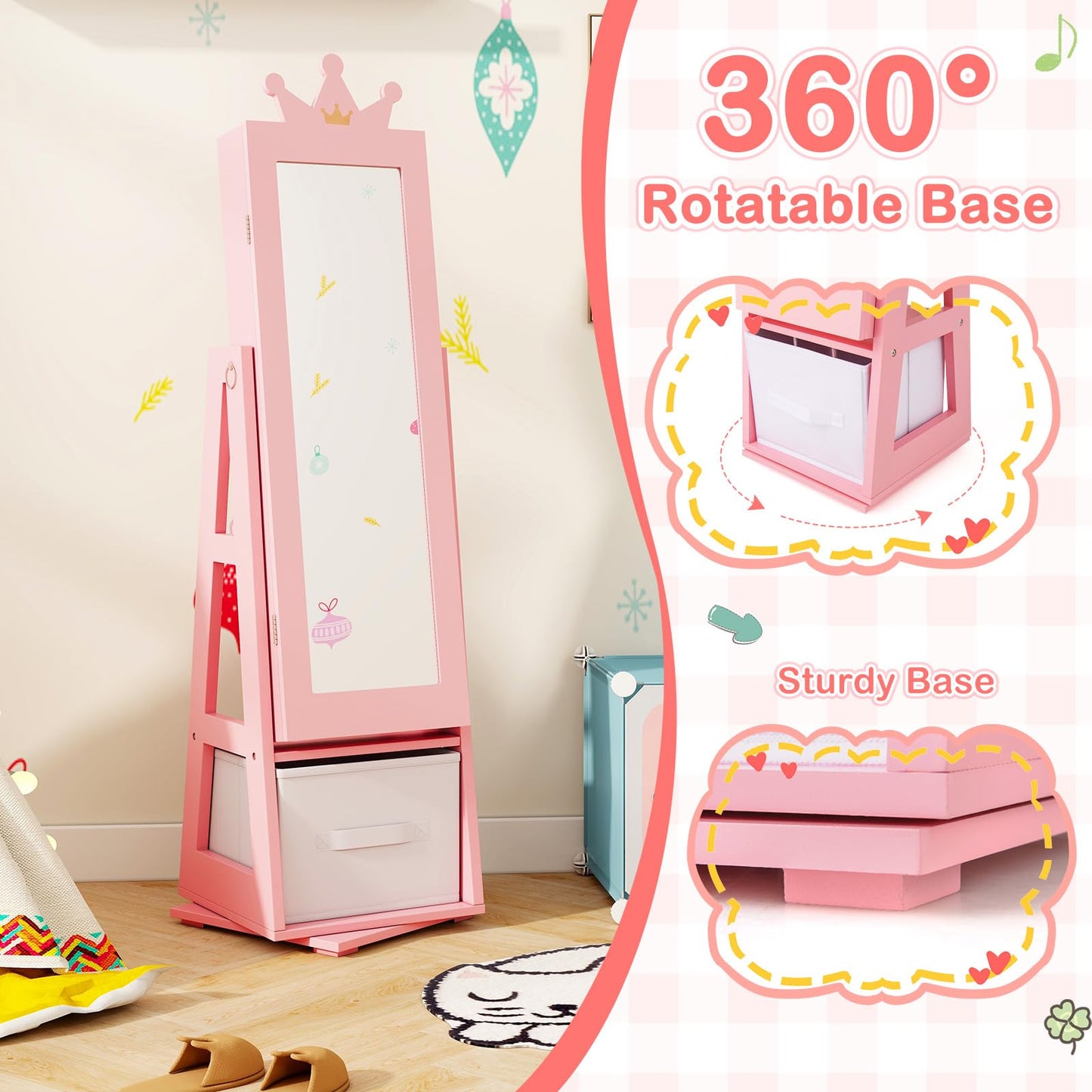 Kids Jewelry Cabinet Standing Jewelry Organizer with Full-Length Mirror