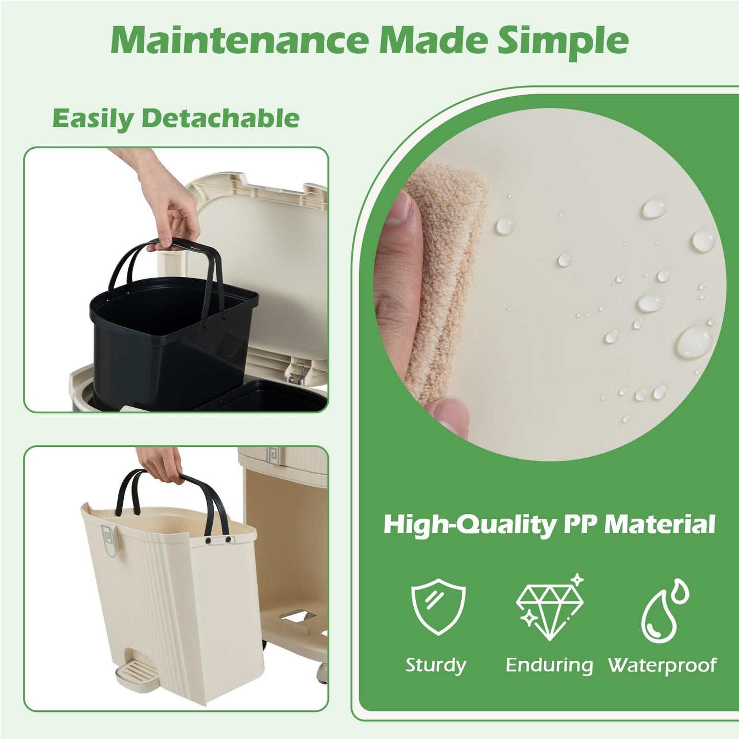 Recycling Bins, 42L Dry and Wet Separation Trash Can with 3 Compartments, Wheels, Stickers & Handl