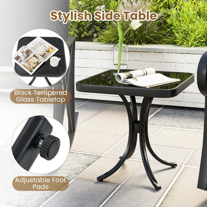 3-Piece Patio Metal Frame Rocking Bistro Set with Tempered Glass-Top Side Table