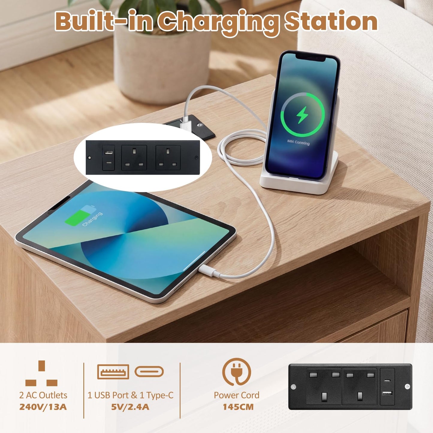 Rattan Bedside Table with Charging Station and LED Lights