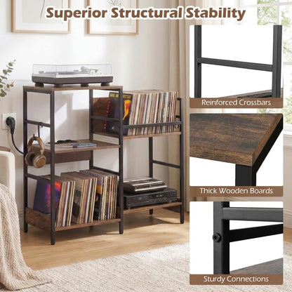 Turntable Stand with Record Rack Hanging Hooks and Compartments for Bedroom