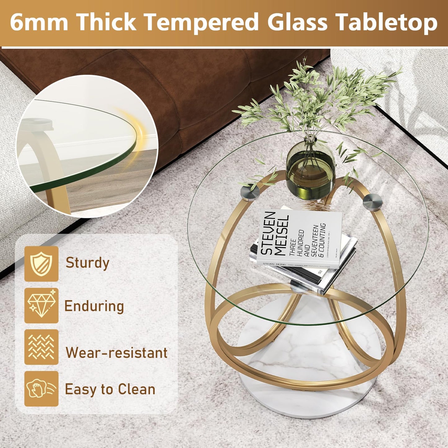 Round Glass Coffee Table with Geometric Metal Ring Frame for Living Room
