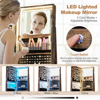 360° Swivel Jewelry Cabinet with LED Lights, Foldable Shelf