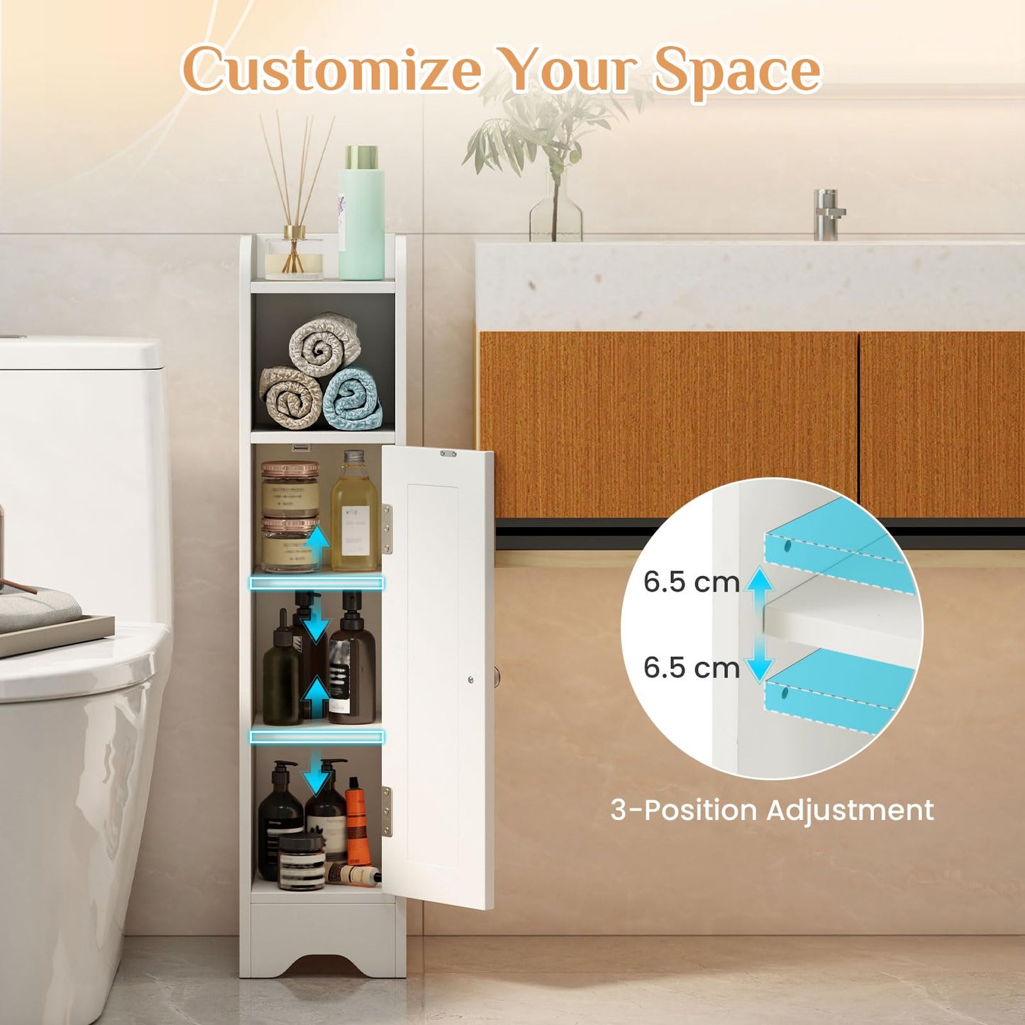 Freestanding Slim Storage Cupboard with Adjustable Shelves