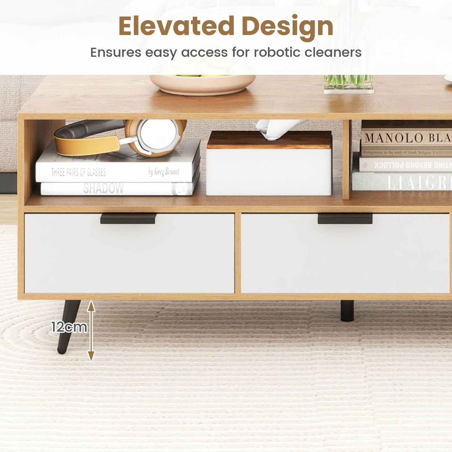 Coffee Table with Storage 47 Inch Center Table with 2 Open Compartments