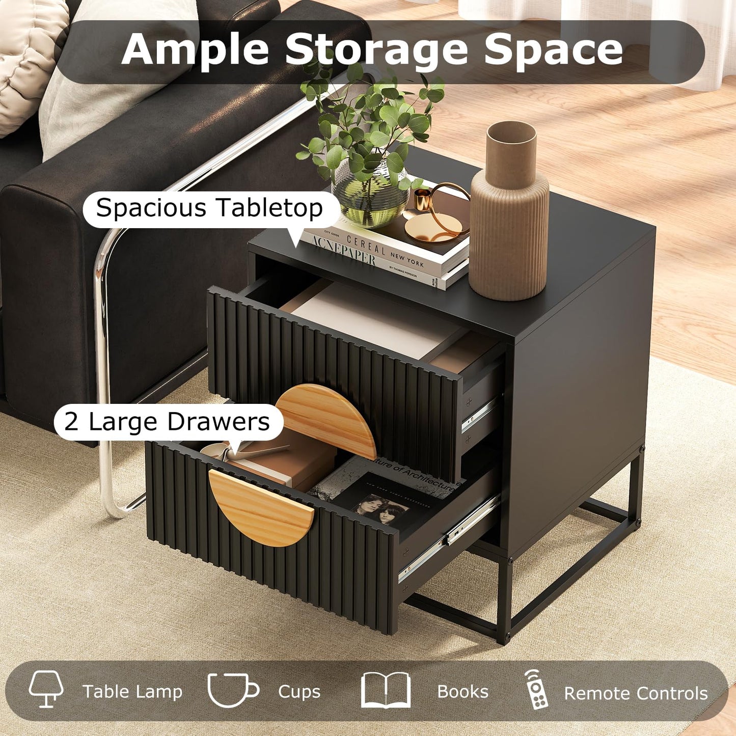 Fluted Nightstand Modern Mid Century Side Table