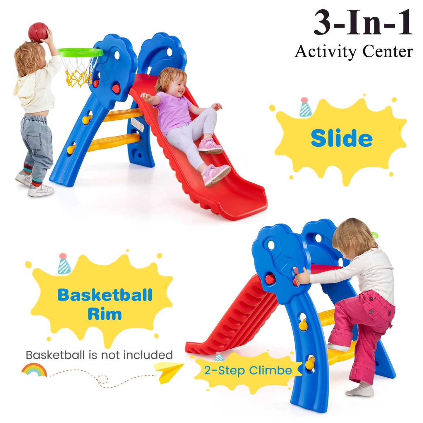 3 in 1 Toddler Slide with Basketball Hoop for Indoor and Outdoor Playground