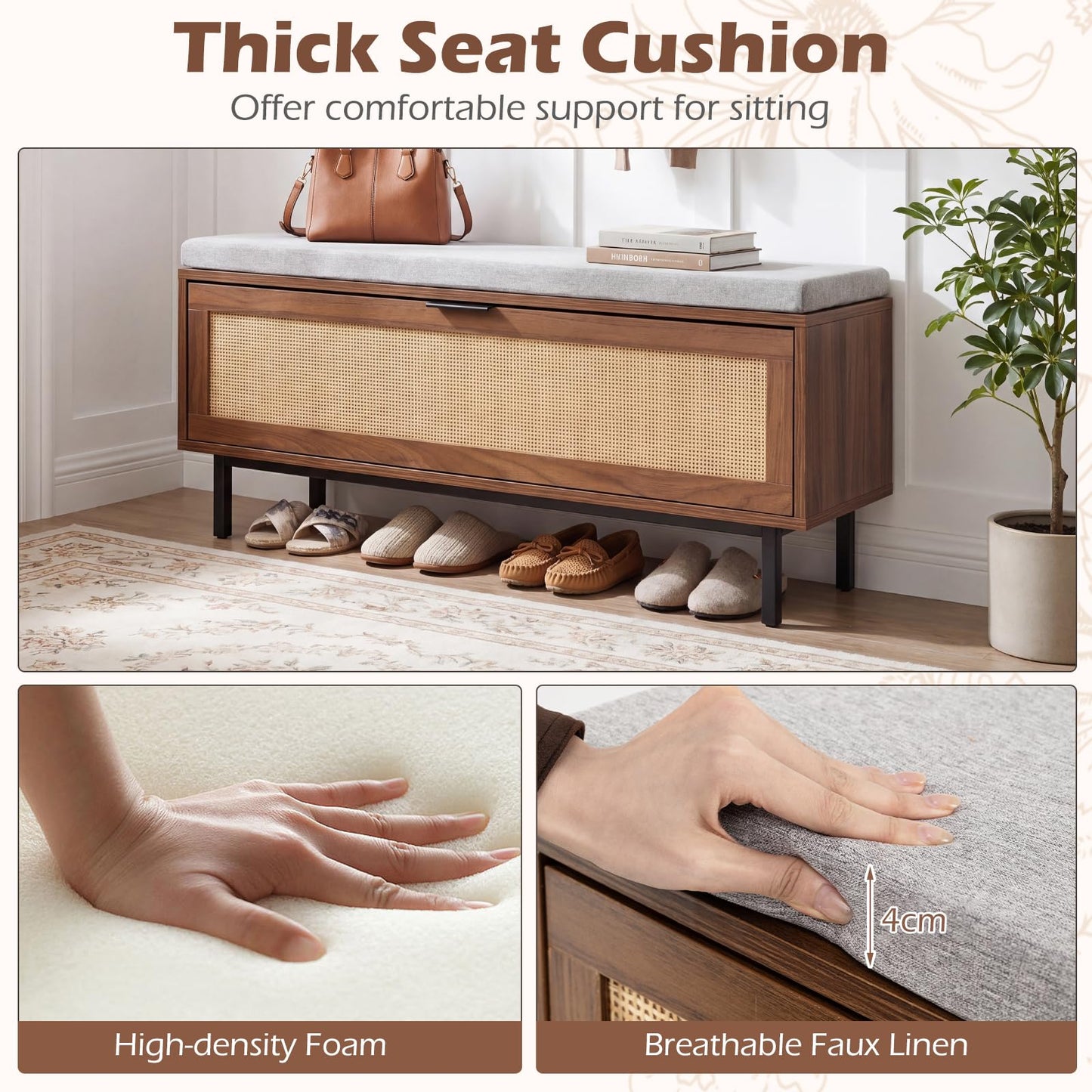 Shoe Storage Bench with Cushion and Flip-Down Rattan Door, Brow