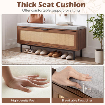 Shoe Storage Bench with Cushion and Flip-Down Rattan Door, Brow