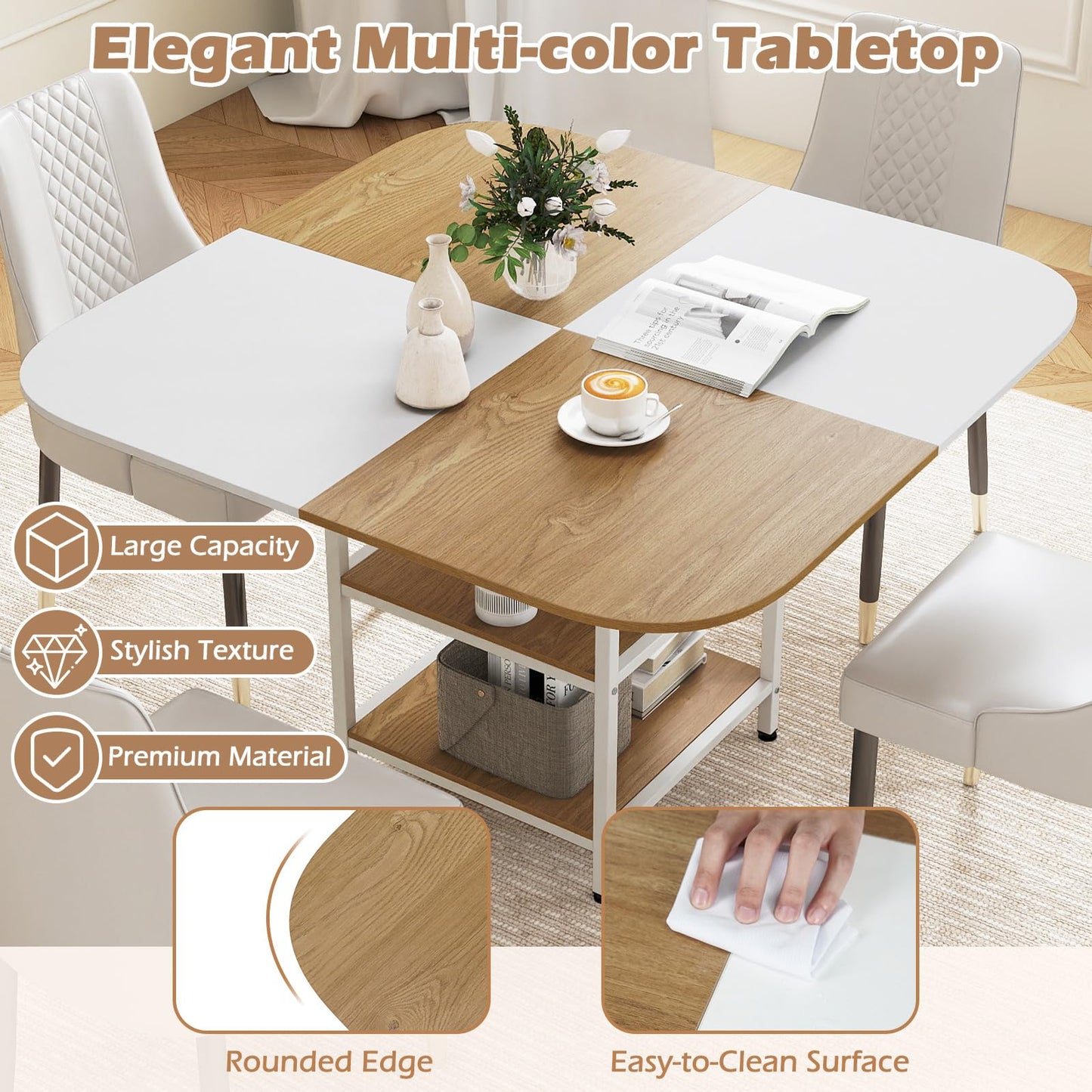 Dining Table for 4, 120 x 120cm Square Wooden Kitchen Tables with 2-Layer Storage Rack