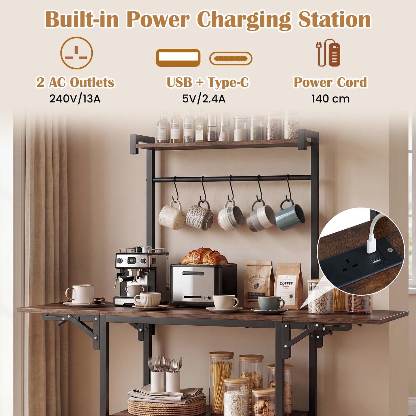 Kitchen Bakers Rack with Drop Leaf, Power Outlet & Rattan Doors