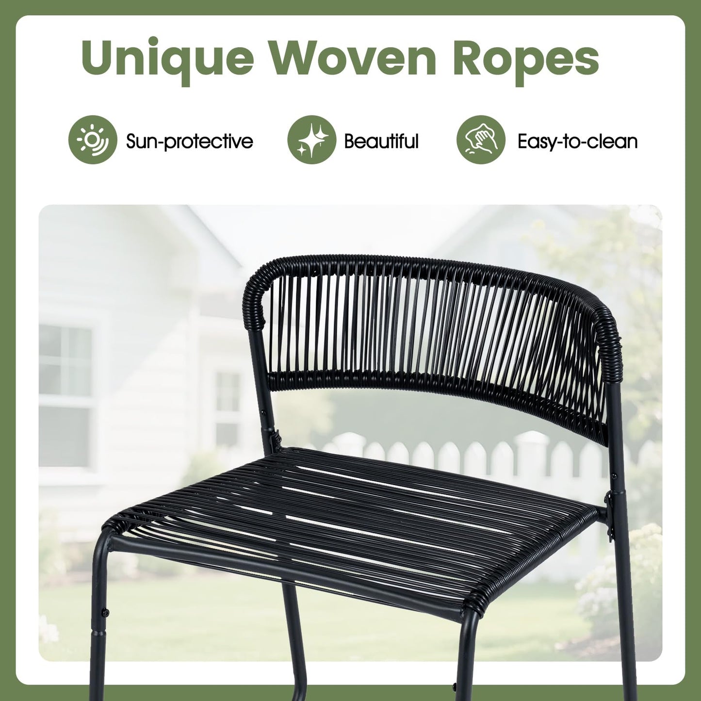 3 Piece Patio Bistro Set, Outdoor Dining Table with 2 Varied-Size Stackable Rattan Chairs & Shelf