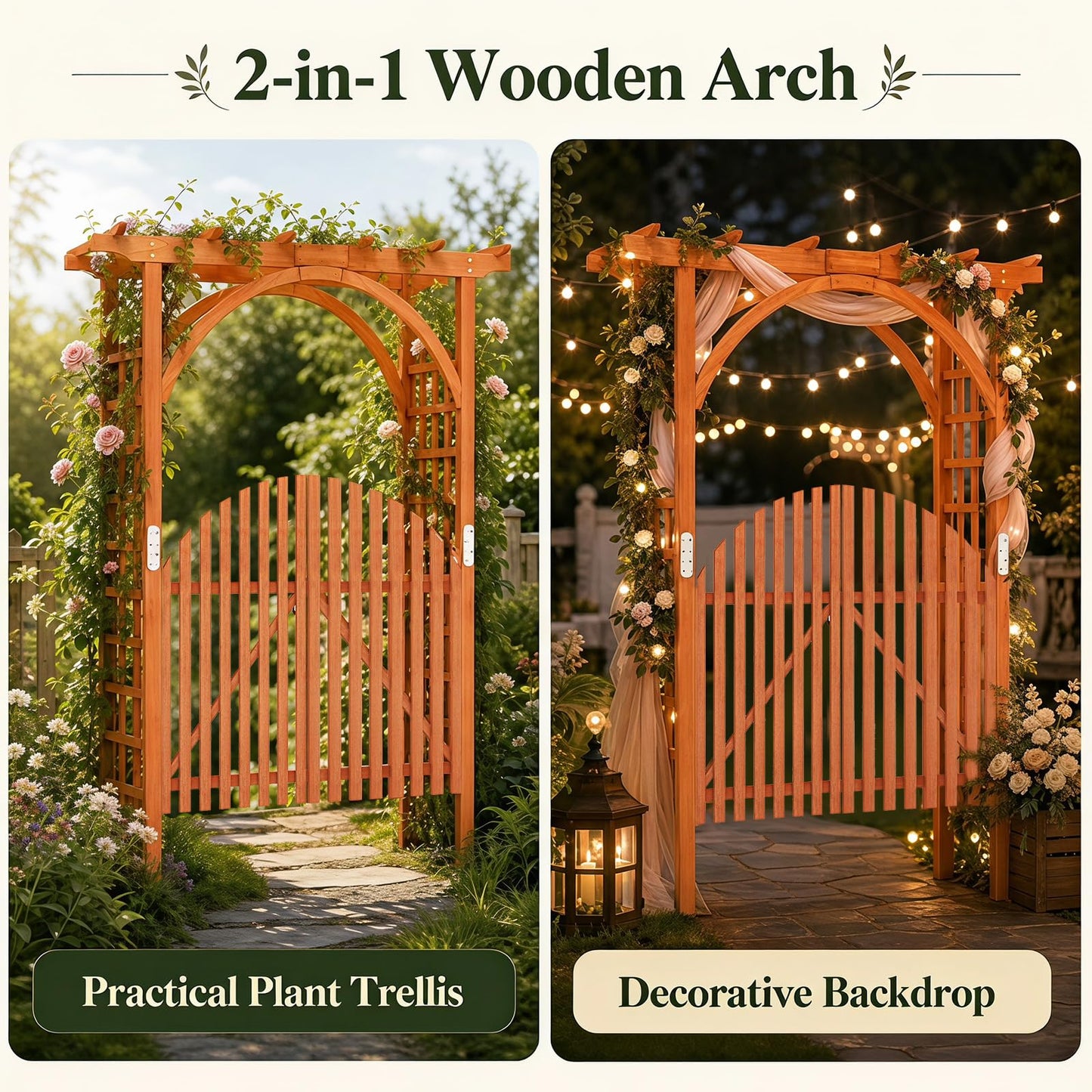 Wooden Garden Arch with Gate, Trellis Panels & Lockable Doors