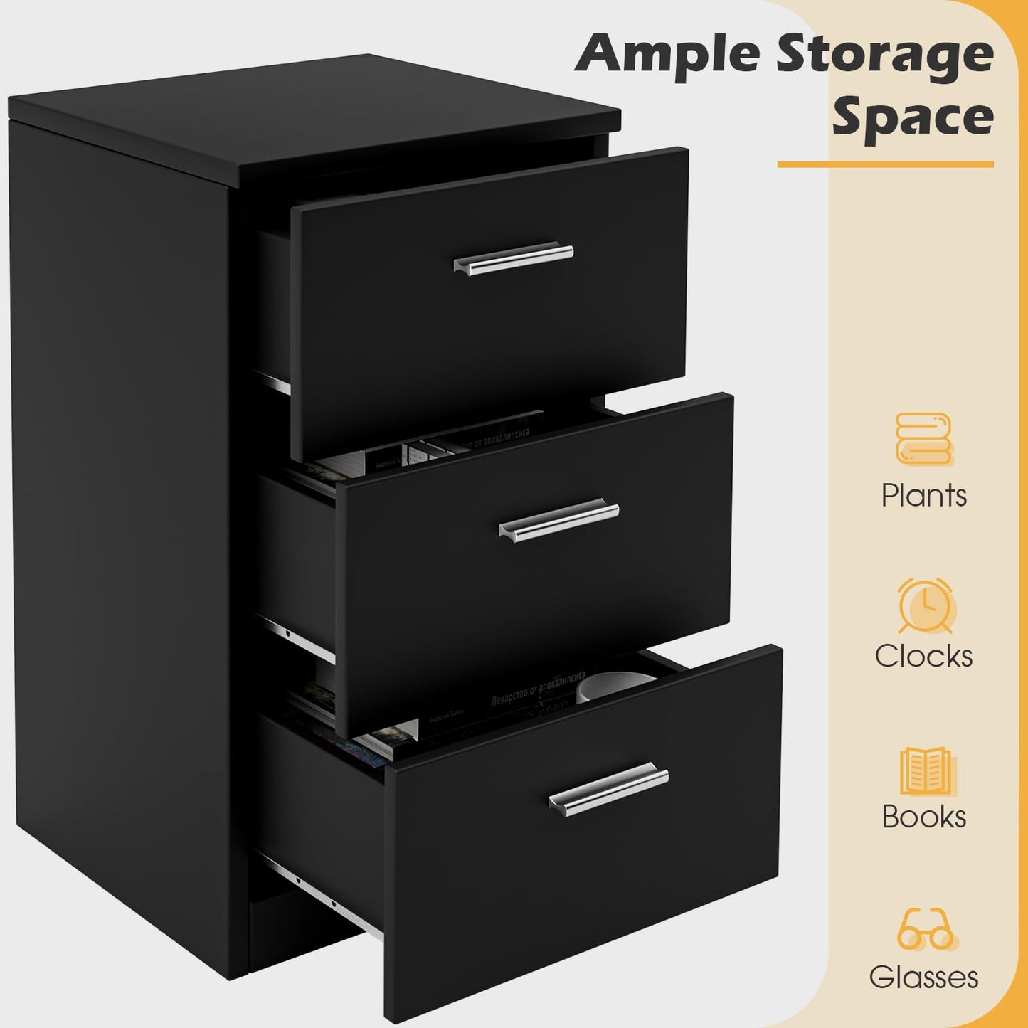 Space-saving Night Chest with 3 Drawers and Handles for Bedroom