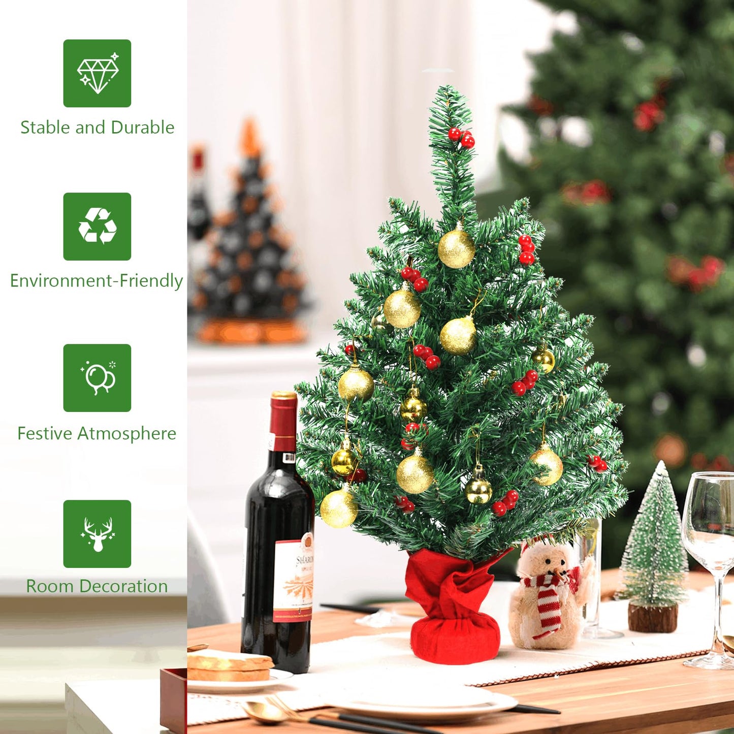 2FT 60cm PVC Artificial Christmas Tree with LED Lights