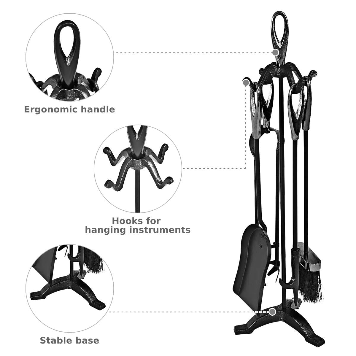 5 Piece High Quality Fire Companion Set Iron Fireplace Fireside Tools