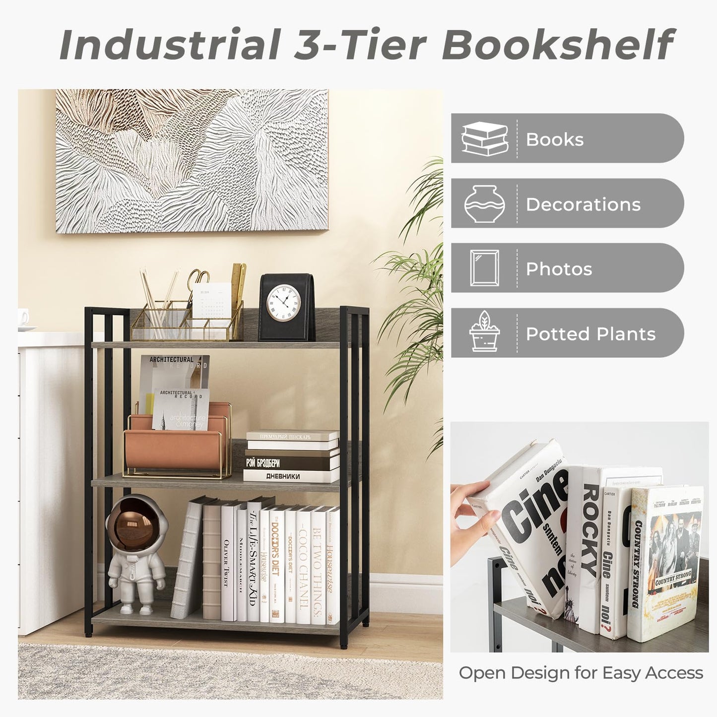3 Tier Bookshelf with Adjustable Shelves and Metal Frame