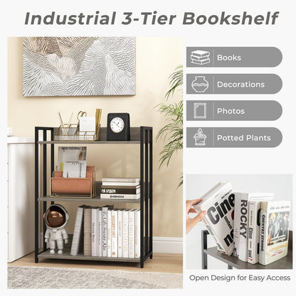 3 Tier Bookshelf with Adjustable Shelves and Metal Frame
