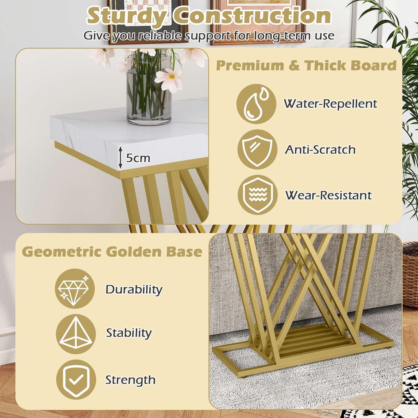 Gold Console Table Modern Sofa Table with Faux Marble Rectangular Tabletop