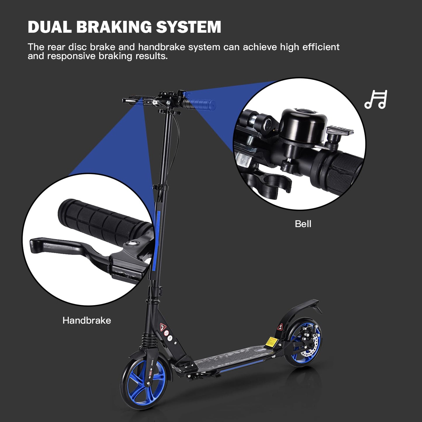 Folding Kick Scooter, 3 Heights Adjustable City Scooters with Big Wheels
