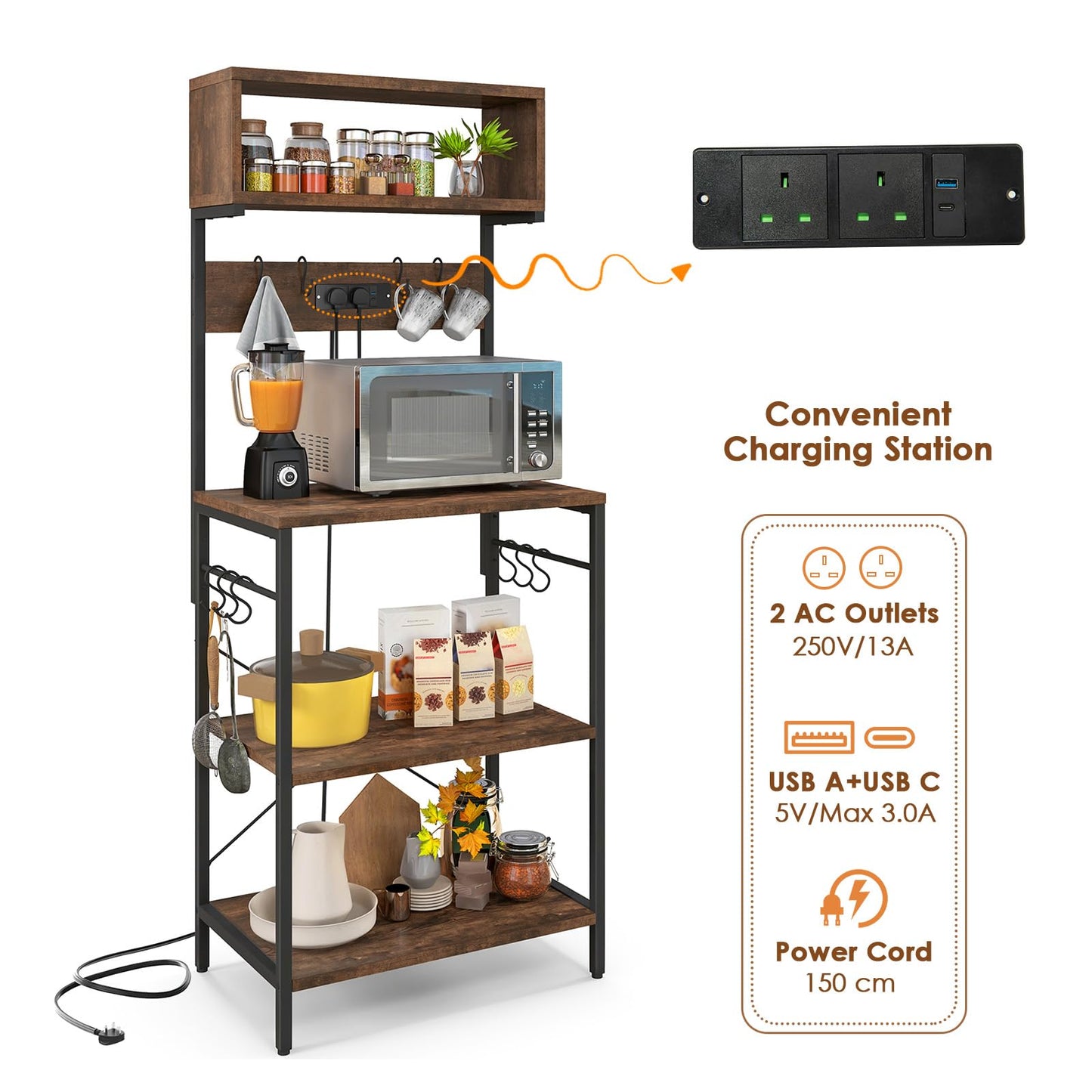 153 cm Tall Microwave Stand Kitchen Bakers Rack with Power Outlet