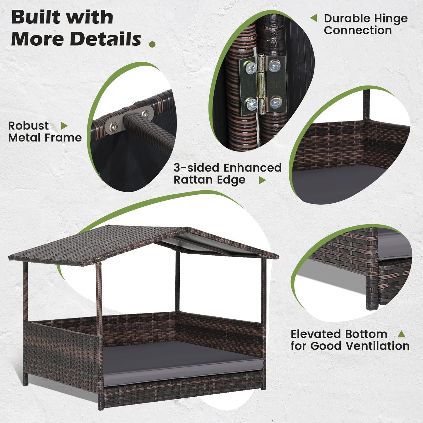 Wicker Dog House with Roof and Removable Cushion for Living Room Yard