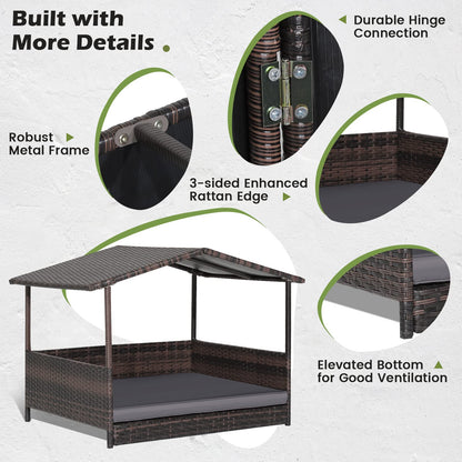 Wicker Dog House with Roof and Removable Cushion for Living Room Yard