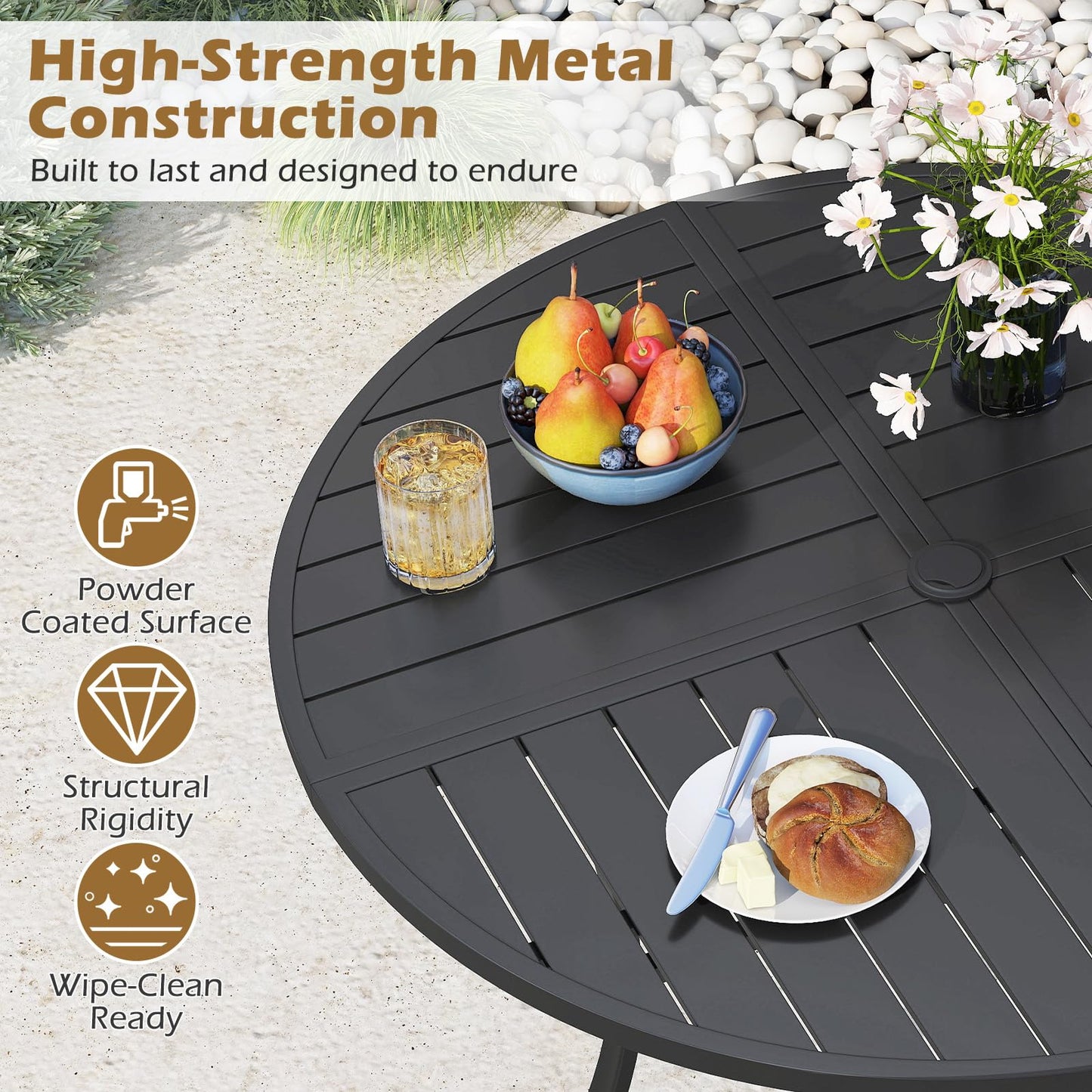 Patio Dining Table 108CM Round Metal Slat Table with Umbrella Hole