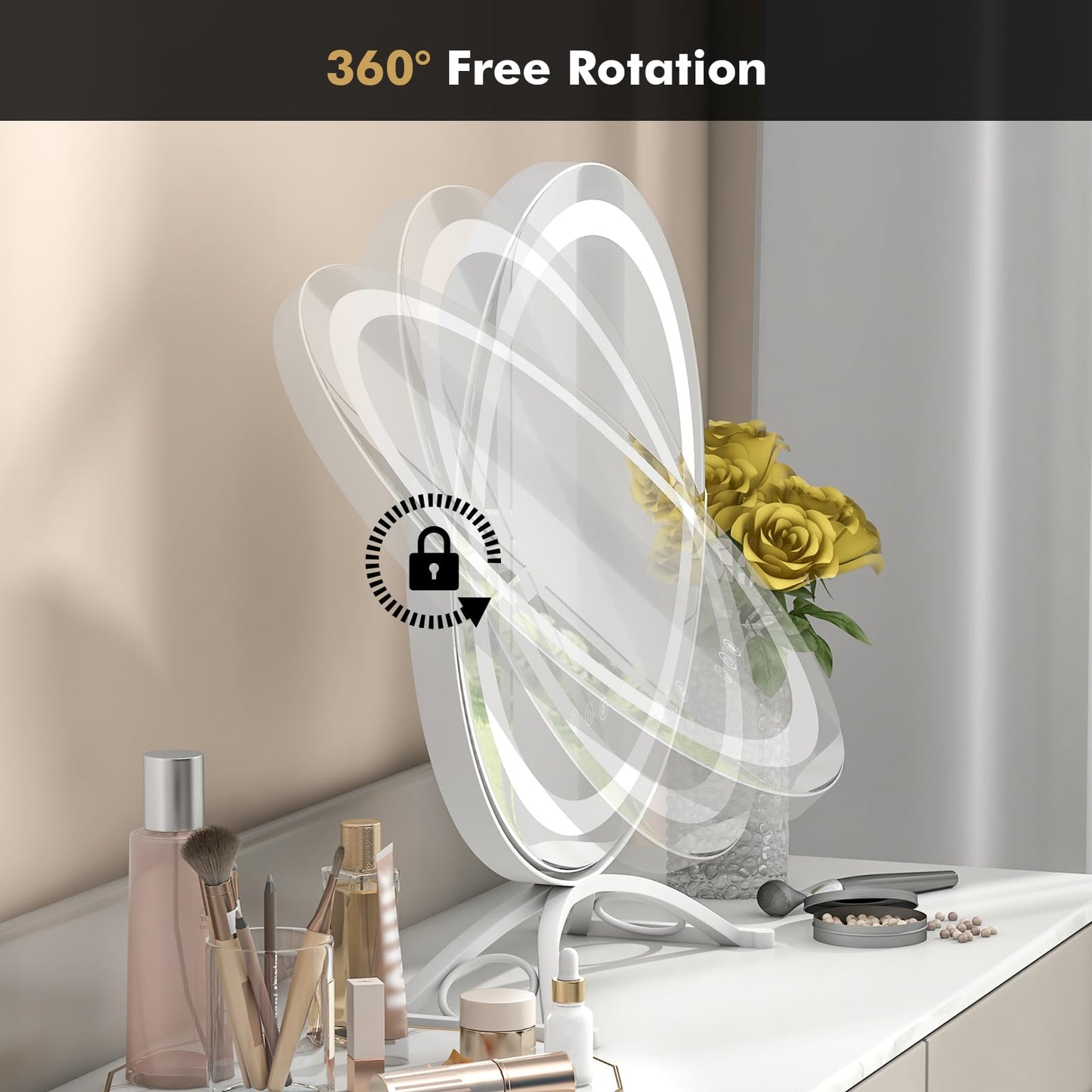 Makeup Vanity Mirror with Lights and Touch Screen with 360-Degree Rotation